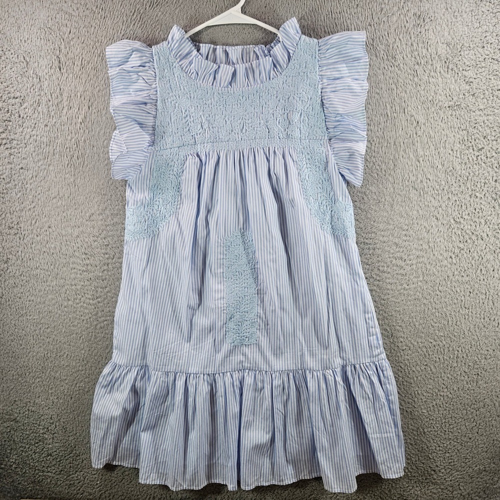J.Marie Blue White Striped Embroidered Ruffle Flutter Sleeve Mini Dress XS